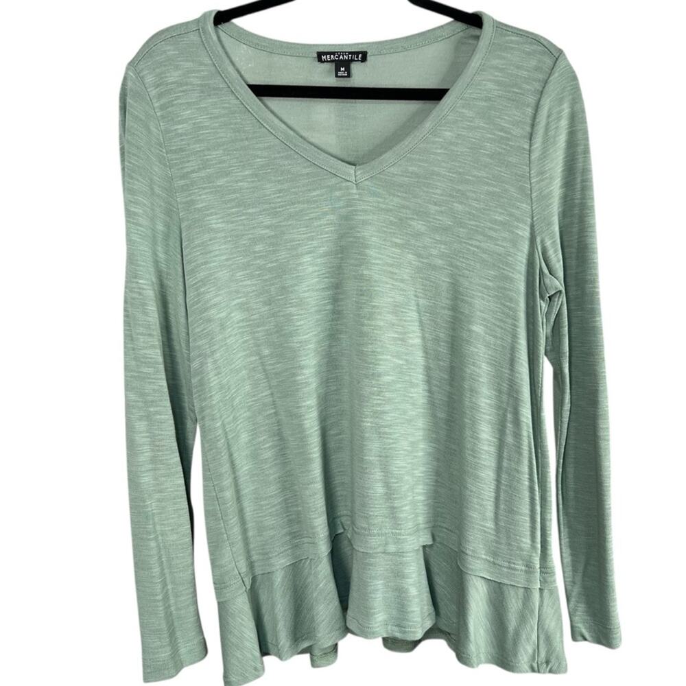 J. Crew Mercantile Green V-Neck Ruffle Peplum Hem Long Sleeve Top size Medium